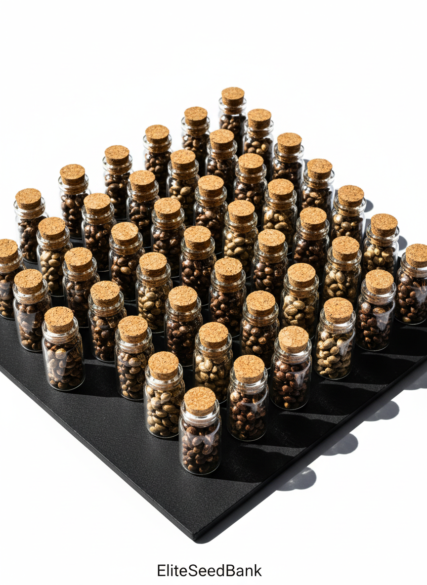 A tightly clustered selection of premium marijuana seed vials made of clear glass, each containing uniform, glossy seeds in shades of deep brown and pale gold. The vials are arranged in a striking geometric grid on a matte-black minimalist surface, with crisp, directional lighting from the left casting sharp, deep shadows that emphasize the textures and rich color variations. The background is pure white, ensuring all focus remains on the vivid seeds. Captured from a slightly elevated angle with impeccable focus throughout, the overall look is bold, hyper-realistic, and exudes exclusivity, reflecting the high-quality nature of EliteSeedBank’s offerings.