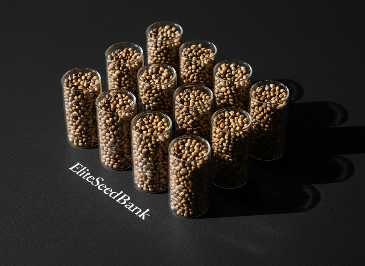 A tightly clustered selection of premium marijuana seed vials made of clear glass, each containing uniform, glossy seeds in shades of deep brown and pale gold. The vials are arranged in a striking geometric grid on a matte-black minimalist surface, with crisp, directional lighting from the left casting sharp, deep shadows that emphasize the textures and rich color variations. The background is pure white, ensuring all focus remains on the vivid seeds. Captured from a slightly elevated angle with impeccable focus throughout, the overall look is bold, hyper-realistic, and exudes exclusivity, reflecting the high-quality nature of EliteSeedBank’s offerings.