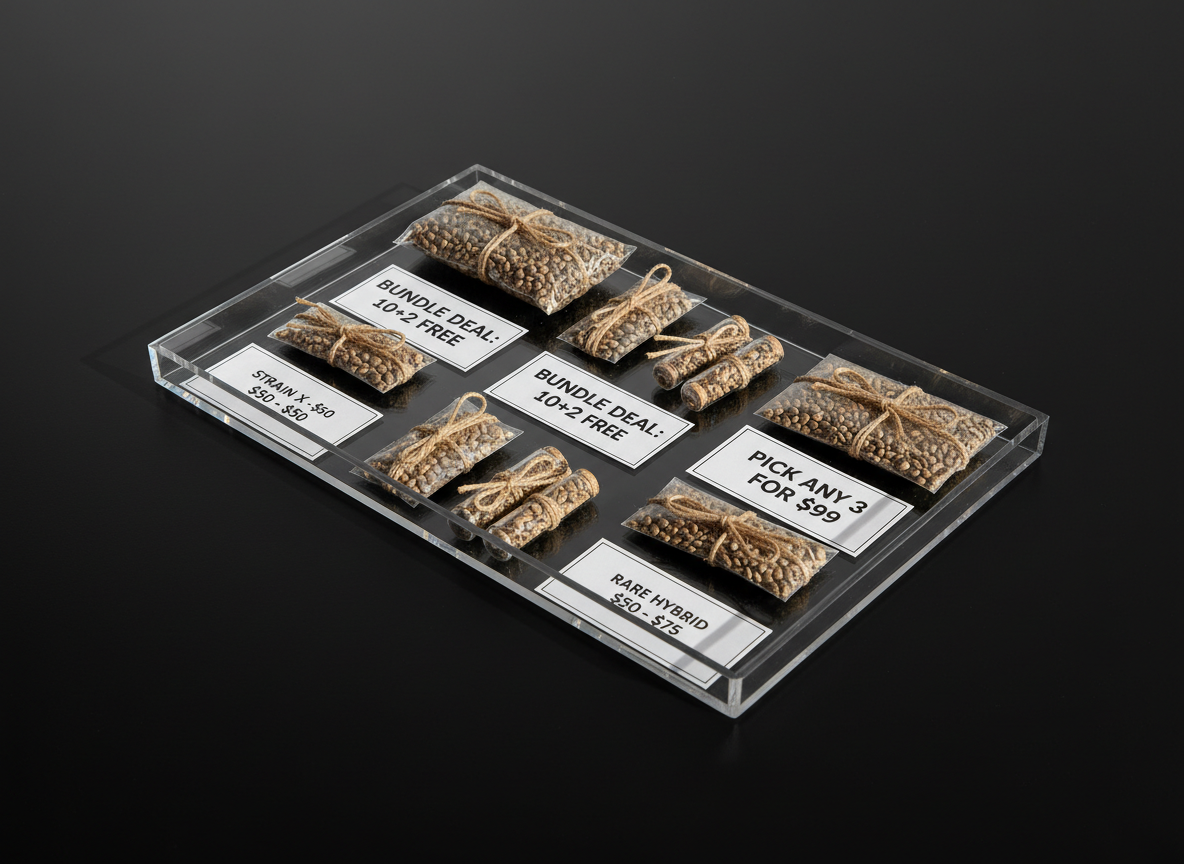 A close-up of a transparent acrylic tray containing assorted marijuana seed bundles, with price tags and ‘bundle deal’ cards in bold, minimalist fonts. The tray rests on a smooth, shadow-black surface, highlighted by intense, side-on directional lighting from the left, casting crisp, graphic shadows for high contrast. The background is a seamless, pale grey, ensuring visual clarity. Captured at a three-quarter overhead angle, the scene emphasizes the variety and exclusivity of deals available. The mood is direct and engaging, embodying a modern, sleek photographic realism with a focus on clear value propositions.