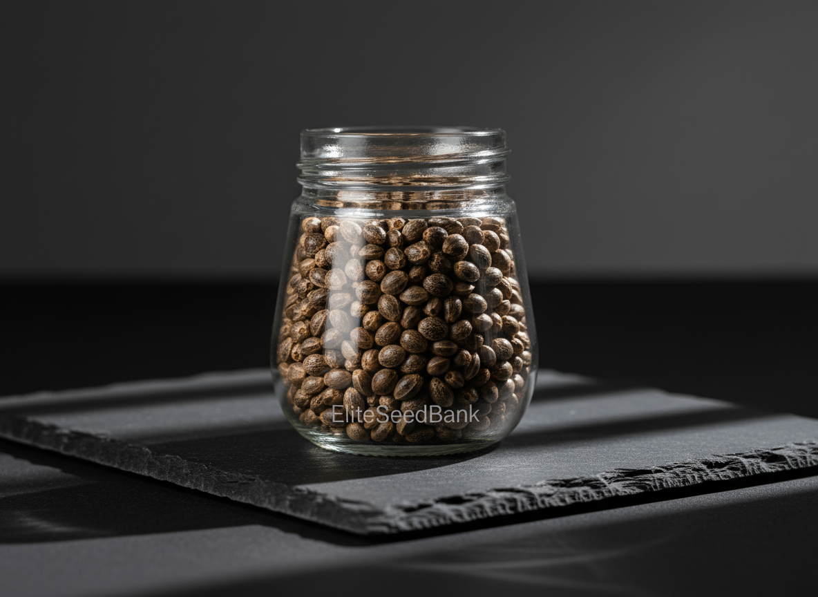 A single, elegant glass jar brimming with high-tier marijuana seeds, each seed distinctly patterned and visually pristine. The jar sits front and center on a minimalist, dark slate slab reflecting subtle highlights. Sharp, sculptural lighting from above and slightly to the right carves dramatic, defined shadows across the seeds and slab, accentuating form and surface texture. The environment is stark, with the background fading to a soft, unfocused gradient. Shot at eye-level to emphasize substance and value, the composition is clean and modern, radiating a bold, premium store vibe in keeping with EliteSeedBank’s personality.