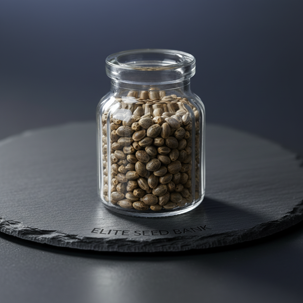 A single, elegant glass jar brimming with high-tier marijuana seeds, each seed distinctly patterned and visually pristine. The jar sits front and center on a minimalist, dark slate slab reflecting subtle highlights. Sharp, sculptural lighting from above and slightly to the right carves dramatic, defined shadows across the seeds and slab, accentuating form and surface texture. The environment is stark, with the background fading to a soft, unfocused gradient. Shot at eye-level to emphasize substance and value, the composition is clean and modern, radiating a bold, premium store vibe in keeping with EliteSeedBank’s personality.