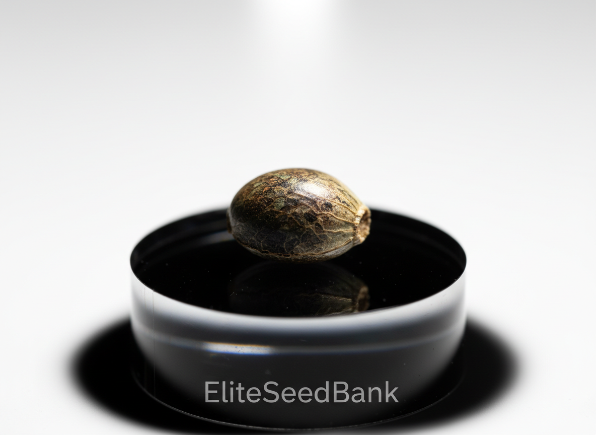 A dramatic macro shot of a single marijuana seed positioned front and center on a reflective black acrylic pedestal. The seed’s surface reveals intricate natural patterns and a rich gradient of earthy hues, with pinpoint lighting from a narrow beam above creating sharp, vivid highlights and a halo of deep shadow around the pedestal. The minimalist background dissolves to pure white, isolating the subject. The composition demonstrates a shallow depth of field, making the seed visually monumental. The atmosphere is bold and iconic, matching EliteSeedBank’s aspirational, elite store identity.