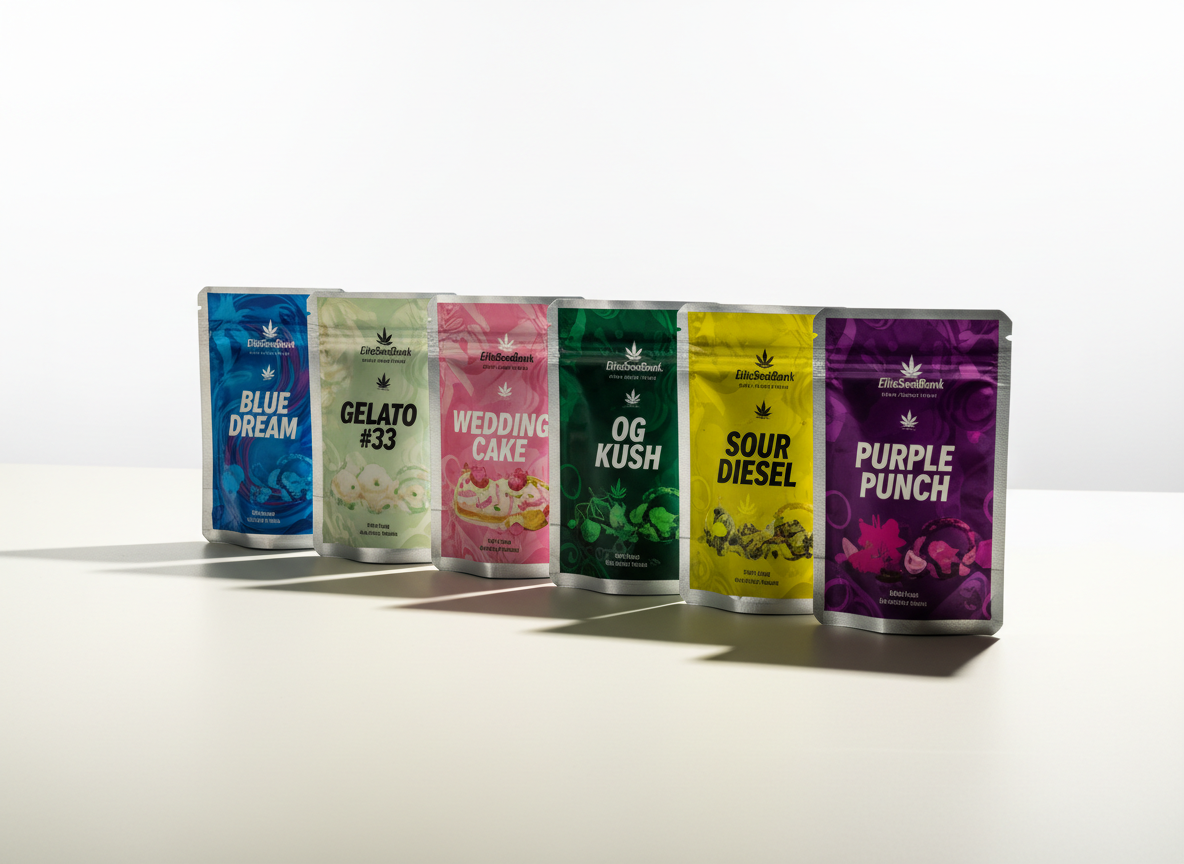 A dynamic spread of sealed foil packs labeled with bestselling marijuana strain names and vibrant, color-coded graphics. The packs are arranged in a crisp horizontal line along a pristine, matte-ivory table, with sharp, angled studio lighting from the right casting well-defined shadows beneath. The background is a vast, uncluttered white expanse, enhancing focus on the branding and packaging details. The overall image is photographed at a slight low angle for visual dominance, with every detail in sharp focus, conveying energy, organization, and a confident retail aesthetic that matches the EliteSeedBank brand.