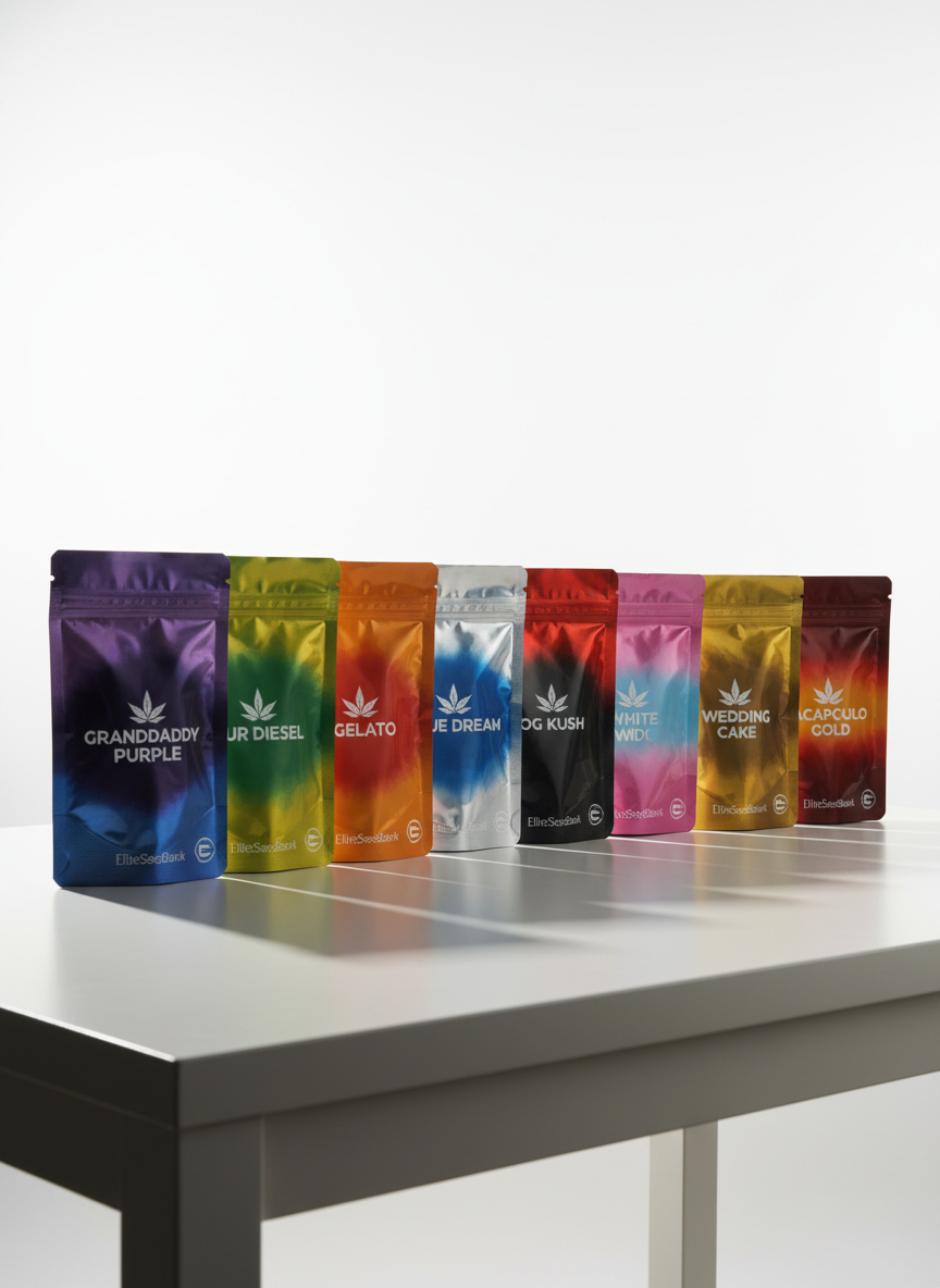 A dynamic spread of sealed foil packs labeled with bestselling marijuana strain names and vibrant, color-coded graphics. The packs are arranged in a crisp horizontal line along a pristine, matte-ivory table, with sharp, angled studio lighting from the right casting well-defined shadows beneath. The background is a vast, uncluttered white expanse, enhancing focus on the branding and packaging details. The overall image is photographed at a slight low angle for visual dominance, with every detail in sharp focus, conveying energy, organization, and a confident retail aesthetic that matches the EliteSeedBank brand.